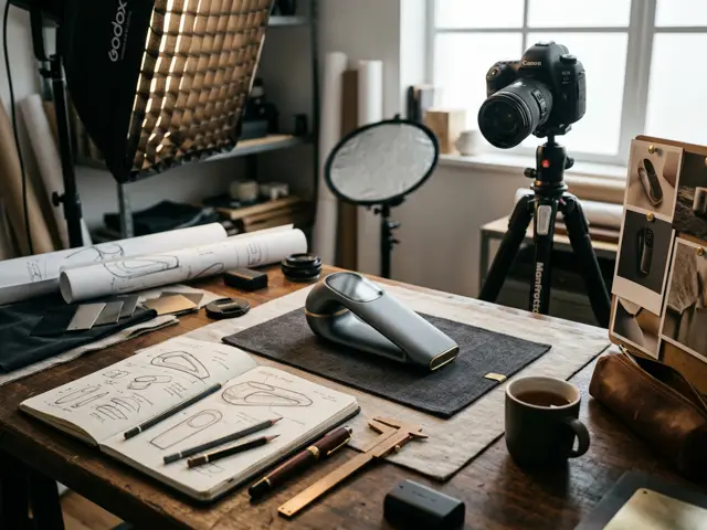 A designer’s workbench with a product prototype and sketches ready for a launch shoot